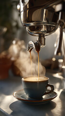 Ekspres przelewający espresso do niebieskiej filiżanki z talerzykiem. Z kawy unosi się para, a scena jest oświetlona porannym słońcem.