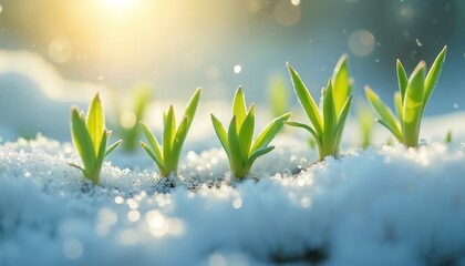 Young green sprouts push through melting snow as sunlight breaks through. New life emerges in spring signifying renewal and hope after winter. Delicate plants grow towards the warm light.
