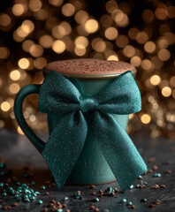 Kubek z gorącym napojem (kakao/kawa), przewiązany turkusową, błyszczącą kokardą, na tle rozmytych, złotych świateł bokeh.