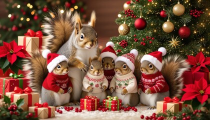 squirrel and her squirrel kids with gifts