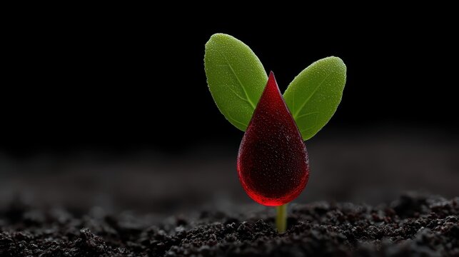 blood donation symbolism, dramatic lighting highlights a red blood drop transforming into a green plant, symbolizing the life-giving power of blood donation