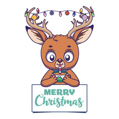 Cute Christmas greeting with a reindeer drinking hot chocolate