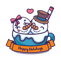 Cute illustration with snowmen couple inside a cup