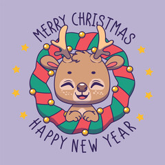 Greeting with a happy reindeer and Christmas wreath