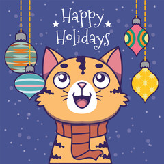 Christmas greeting with an adorable orange cat and colorful ornaments