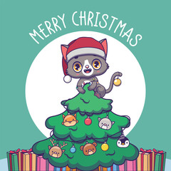 Christmas greeting with a decorated tree and cute gray cat on top