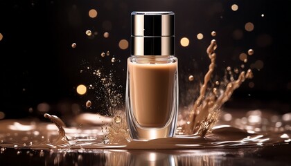 a bottle of liquid foundation with droplets around it photographed with perfect clarity and glowing studio lights