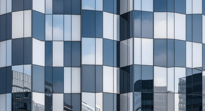 Close up of a modern building facade with alternating light and dark glass panels reflecting the sky