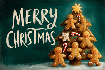 Kartka świąteczna: piernikowa choinka z ludzikami, gwiazdkami i cukrowymi laskami, na tle turkusowej deski i śniegu. Napis w stylu ręcznym "Merry Christmas".