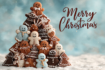 Świąteczna kartka z choinką ułożoną z piernikowych ciasteczek: ludzik&oacute;w, gwiazdek i domk&oacute;w, na tle zamglonego nieba. Napis: "Merry Christmas".