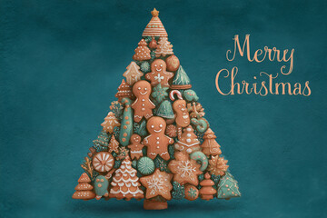 Kartka świąteczna z choinką utworzoną z piernikowych ciasteczek w kształcie ludzik&oacute;w, gwiazdek i drzewek, w odcieniach brązu, bieli i turkusu. Napis 'Merry Christmas'.