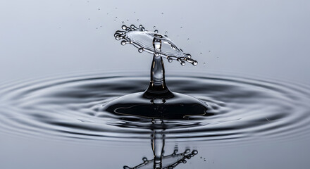 Close up shot of a water droplet collision creating a crown shape with ripples on the surface water