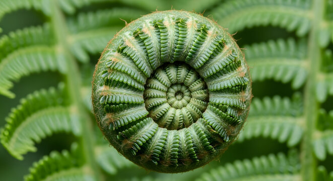 Close up of a curled fern frond showing its spiral pattern and intricate leaf structure in green hues