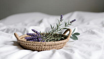 A shallow woven basket on a bed of white sheets, filled with dried lavender and a few sprigs of rosemary. The background is an out-of-focus, soft grey wall.