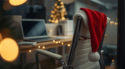 Santa hat hanging on an office chair in a modern workplace with laptop and Christmas tree lights, festive corporate atmosphere during holiday season in warm cozy lighting