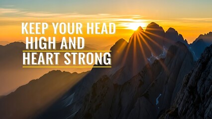 Sunrise over mountain peaks with motivational text overlayed on the scenic landscape view
