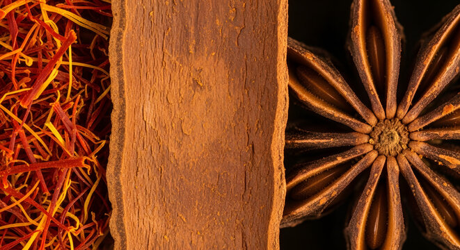 A close up of saffron threads, cinnamon stick, and star anise on a dark background macro shot