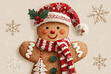 Uroczy, świąteczny ludzik z piernika w czapce Mikołaja ozdobionej ostrokrzewem i szaliku w czerwono-białe paski, na tle z płatkami śniegu.