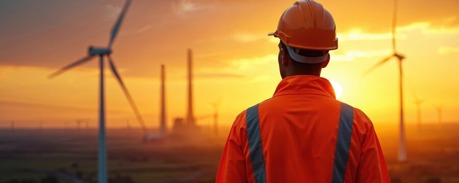 Worker in orange safety suit observes sunset. Wind turbines in background symbolize renewable energy industry. The scene blends industry with nature. Image represents eco-friendly power generation.