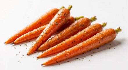 Roasted winter carrots with a light glaze and herbs on a white background, healthy side dish, copy space