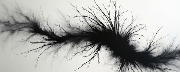 Obraz premium Abstract ink splatters form organic branches reaching outward. Fine lines and dark spots create dynamic, artistic texture on white background. Monochrome design offers minimalist, graphic style.