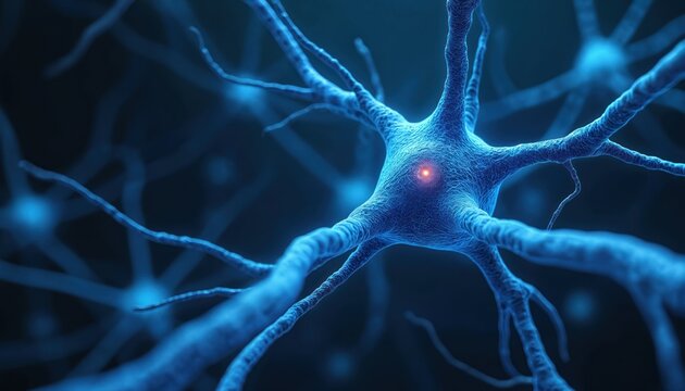 Artistic depiction of a neuron cell structure on blue background. Illustration shows neural network branches and glowing central point representing activity within brain.