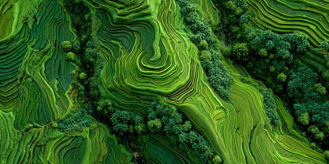 vibrant spring rice terraces seen from aerial perspective forming beautiful geometric organic shapes across green landscape