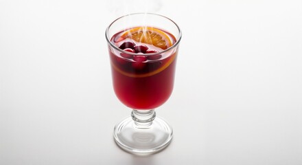 Glass of cranberry winter punch with orange slice and steaming, festive drink, copy space