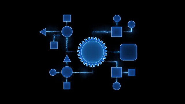 Abstract Blue Neon Flowchart Diagram with Gear and Geometric Shapes on Black Background image photo