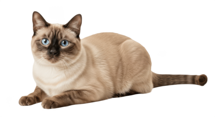 Blue-Eyed Snowshoe Cat Lying Down – Isolated on Transparent PNG Background