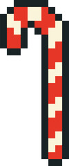 A cute pixel art illustration of a classic red-and-white candy cane. The simple retro style gives it a nostalgic video-game charm, perfect for Christmas graphics, stickers, icons, and digital designs