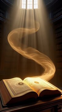 Ancient open book releasing a golden magical swirl of dust into bright window light within a dark cinematic library, illustrating wisdom and fantasy concepts