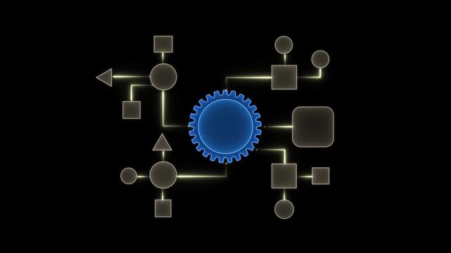Blue Cogwheel Connected to Geometric Shapes in a Flowchart on Black Background diagram process
