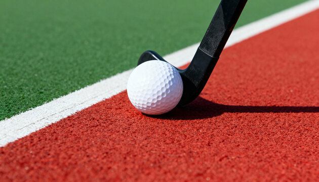 Close-up of a field hockey stick and ball on a red and green artificial turf pitch. Sports equipment on the field before a competition. Team sport and athletic activity - Powered by Adobe