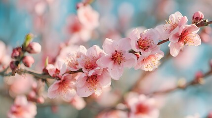 Branch of pink flowers with a blue sky in the background. The flowers are in full bloom and are very pretty