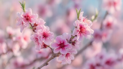 Branch of pink flowers with a pink stem. The flowers are in full bloom and are very pretty