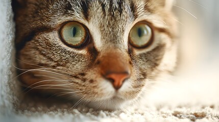 Cat with green eyes is looking at the camera. The cat is sitting on a white carpet