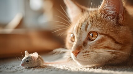 Cat is laying on the floor next to a mouse. The cat is looking at the mouse with its eyes wide open