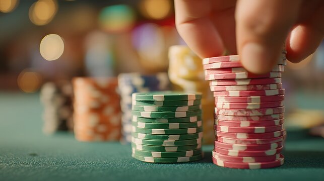 Hand is reaching for a pile of poker chips. The chips are of different colors and sizes, and they are stacked on top of each other. The scene suggests a casual and relaxed atmosphere