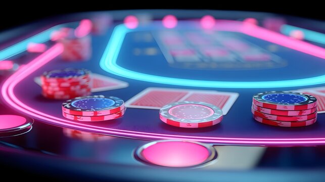 Neon blue and pink table with a poker game. The table is lit up with neon lights and has a pile of chips on it