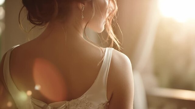 a woman in a delicate wedding dress, showcasing intricate buttons on her back. The soft light highlights the woman's elegant silhouette and graceful features.