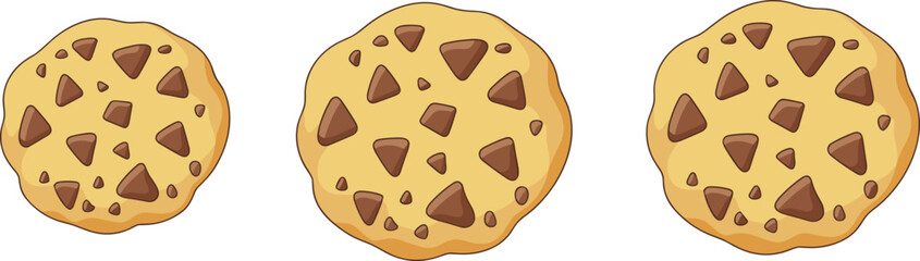 chocolate chip cookies with varied chip arrangements for baking, snack-themed, and food-related vector illustration and design projects.