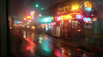 Raindrops cling to the window while neon lights from shops and restaurants illuminate a lively street at night. The wet pavement reflects the colorful glow of signs as traffic moves.