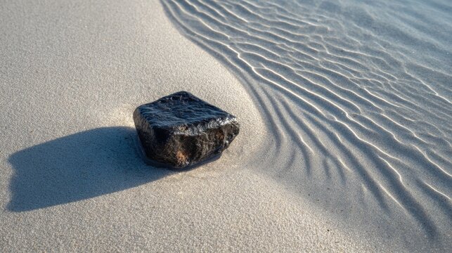 A dark rock sits quietly on fine sand, with soft waves rolling in at dawn. The sunlight casts a shadow, illuminating patterns in the sand where water meets land.
