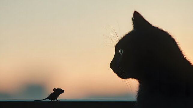 Cat is looking at a mouse that is on a ledge. The cat is black and the mouse is small - Powered by Adobe