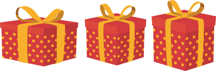 Set of red gift boxes with yellow polka dots and ribbon bows for celebration, holiday, and festive vector illustration design projects.