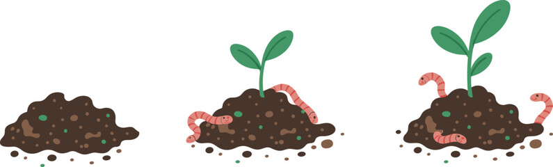 Three-stage plant growth illustration with soil and earthworms for educational, gardening, and eco-friendly vector design and sustainability-themed content.