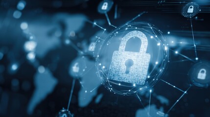 This visual representation illustrates a digital security network with various lock icons overlaid on a world map, highlighting the significance of online safety and data protection.