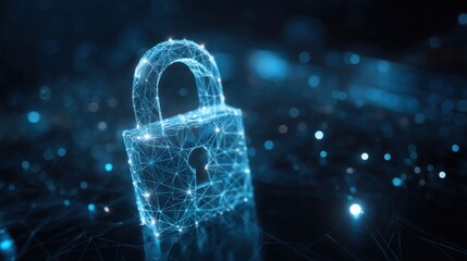 A glowing lock icon surrounded by a digital network of connections and particles highlights the significance of cybersecurity in protecting data in the virtual world.