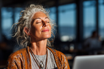 Woman enjoying a moment of relaxation in a sunlit cafe while working on a laptop, surrounded by a lively atmosphere